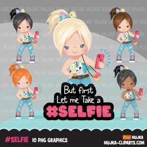 Selfie clipart, little girl taking a selfie, cellphone, oh snap, wording graphics, fashion Png digital clip art