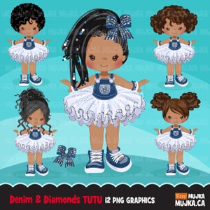 Denim und Diamanten Tutu Clipart. Glitter Tutu, moderne Outfits, Jeansoverall, Mode für Kinder, Clip Art, schwarzes Mädchen
