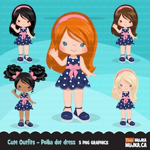 Niedliche Outfits von kleinen Mädchen. Mädchen mit Tupfen kleiden Geburtstag, Schule, Kleinkindmode Grafiken. Kommerzielle Nutzung Design, Kunst, Kleid