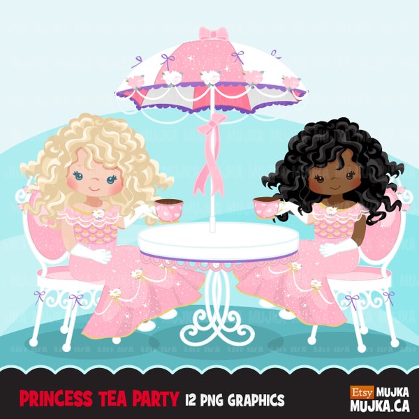 Princess Tea party clipart Little girls tea party birthday graphics. Parasol, table , chair, outdoors, Sublimation Designs clip art.