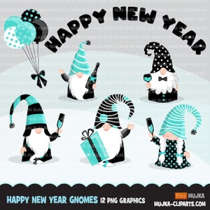 Gnomo Clipart, gráficos de feliz año nuevo, gnomos celebrando, globos, champán png Diseños de sublimación verde azulado negro