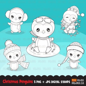 Sello digital de pingüinos navideños. Lindos pingüinos bebés con trajes navideños, animales de Navidad, pingüino de Papá Noel, pingüino elfo, contorno para colorear, blanco y negro