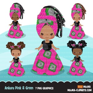 Ragazza nera clipart PNG, fiocco per capelli con stampa rosa e verde Ankara e gonna, tessuto africano, grafica della storia nera ragazza afro clip art PNG