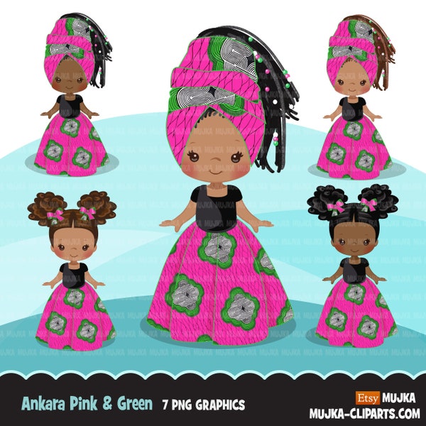 Ragazza nera clipart PNG, Ankara rosa e verde stampa capelli papillon e gonna, tessuto africano, storia nera grafica ragazza afro clip art PNG