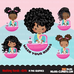 Bathroom Chores Clipart, little black girls washing hands, hygiene, healthy life style graphics, Png digital clip art