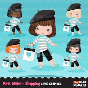 Clipart de Paris. Filles parisiennes sarcelle scintillantes, mode, shopping français, goûter, baby shower, anniversaire, graphismes Oh la la, fantaisie scintillante française