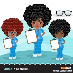 Afro woman nurse clipart with scrubs and patient chart African-American graphics, print and cut PNG T-Shirt Designs, Black Girls clip art image 1