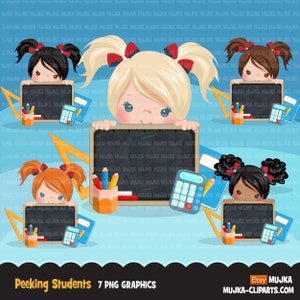 Clipart de volta às aulas espiando os alunos Menina com quadro negro, Educação, ensinando gráficos, PRE-K, 1ª série