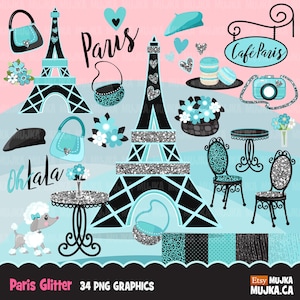 Paris Clipart. Glitter Teal Paris Hintergrund, Eiffelturm, niedliche Geldbörse, Blumen, französischer Pudel, Café-Tisch, Tee-Party, Babyparty, Geburtstag
