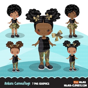 Ragazza nera clipart PNG, gonna con stampa mimetica Ankara, papillon, tessuto africano, grafica della storia nera ragazza afro clip art PNG