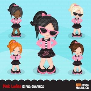 Pink Ladies Clipart. T birds, Grease outfits, Sock hop graphics, commercial use characters, pink jacket, pink sunglasses, vintage clip art