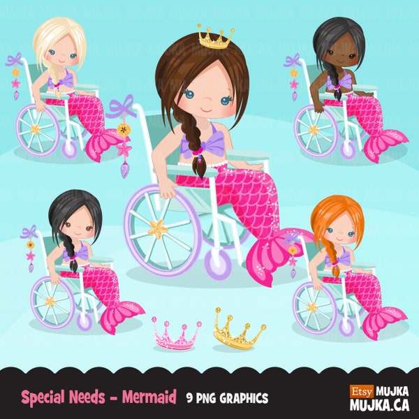 Special Needs Wheelchair clipart, Mermaid princess clipart, disability, characters, black,  , disable, handicap