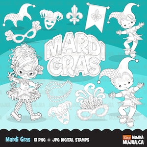 Timbres numériques de mardi gras, clipart carnaval, bal masqué, illustration, La Nouvelle-Orléans, fleur de lys, masque, graphiques à colorier contour noir et blanc
