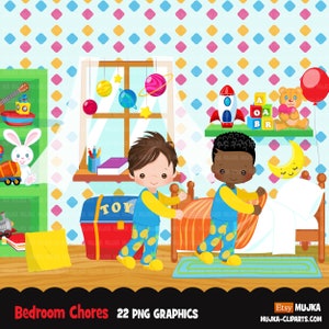 Schlafzimmer lästige Cliparts, Bett machen, Kinderzimmer Sublimationsgrafiken, schwarze Jungen PNG Clip Art