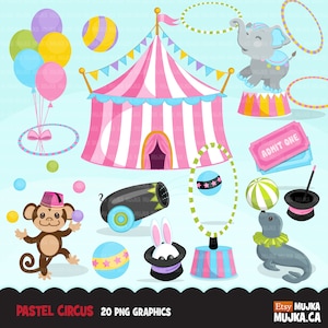 Circus clipart pastel Big top carnaval graphics, pretpark, olifant circusact, aap, goochelshow, verjaardagsfeestje, tentontwerp