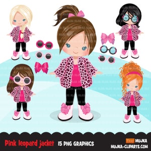 Fashion clipart, little girl clipart, pink leopard jacket png, little girl png, birthday clipart, winter clipart, winter kids clipart