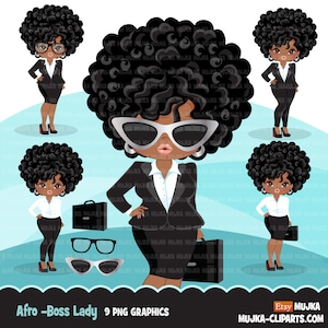 Clipart femme afro noire avec costume, porte-documents et lunettes Graphismes afro-américains, clipart Png sublimation imprimé et découpé