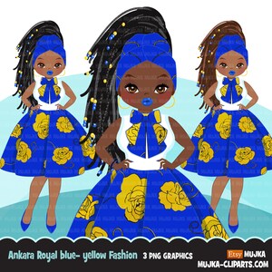 Clipart donna nera PNG, papillon e gonna stampati Ankara Royal Blue Yellow, grafica di moda sorority SIGMA boss afro girl clip art PNG