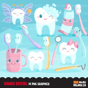 Clipart dental. Diente kawaii, herramientas de dentista, cepillo de dientes, pasta de dientes y lindos gráficos de hada de los dientes. Imágenes prediseñadas de uso comercial para tareas del baño