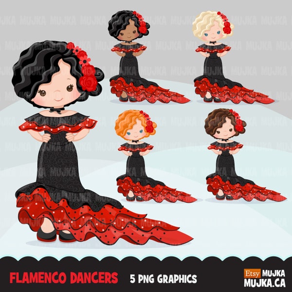 Clipart flamenco. Bailarines de flamenco español, tradición, pegatina del planificador, clip art de vestido floral, bailarines, lunares negros rojos, rosas digitales