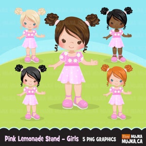 Pink Limonade Stand Mädchen Clipart. Niedliche Frühlings Sommer Geburtstagsgrafiken! Zitronen, Limonade im Freien, Aufkleber, Keksdesign, Hinterhofparty