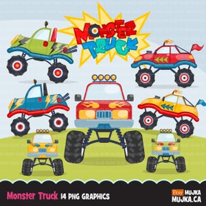 Monstertruck Clipart. Bunte Lastwagen, Autorennen, Scrapbook, Jungen-Geburtstagsfeier, Sport im Freien, Sublimationsdesigns Clip Art, Illustration