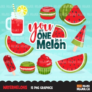 Può includere: Una collezione di grafiche a tema anguria su sfondo azzurro chiaro. L'immagine include fette di anguria, un ghiacciolo, un cupcake e una bevanda. Il testo recita "You are one in a melon" e "Watermelons 15 PNG Graphics".