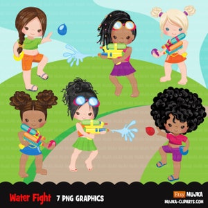 Wasserpistole kämpfen Clipart, Mädchen, schwarze Mädchen im Freien Wasserballon kämpfen, Sommer Geburtstag Grafiken, Sublimation Designs PNG Clip Art