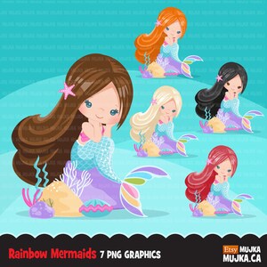 Clipart sirène, graphismes pastel sirène, fabrication de cartes, princesse sirène, fête d'anniversaire, cadeaux, décorations, clipart