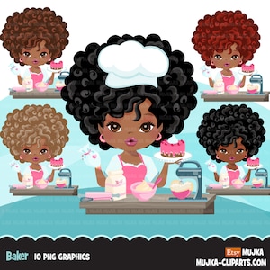 Afro-zwarte vrouw bakker PNG-clipart met bakbenodigdheden, afdrukken en knippen, clip art voor bakken zwart meisje