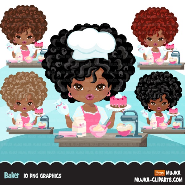 Afro Black Woman baker PNG clipart with baking supplies, print and cut, baking black girl clip art