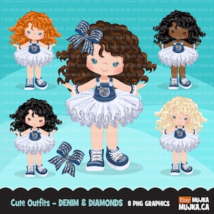 Denim und Diamanten Tutu Clipart. Glitzer-Tütü, moderne Outfits, Baumwolllatzhose, Mode für Kinder, Sportstiefel, ClipArt für kommerzielle Nutzung, kleines Mädchen
