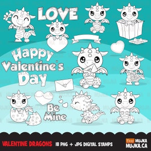 Sellos digitales de dragones de San Valentín. Lindos dragones bebés, animales para colorear y esbozar en blanco y negro para el día de San Valentín, digitalización de bordados