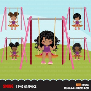 Playground Clipart, black girl swinging, spring, outdoors park swing graphics, Sublimation Designs Png clip art