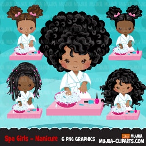 Spa Clipart, Maniküre schwarze Mädchen, Spa-Geburtstagsfeier Grafiken Nagellack, Sublimation Sublimationsdesigns PNG Clip Art, Afro Kids