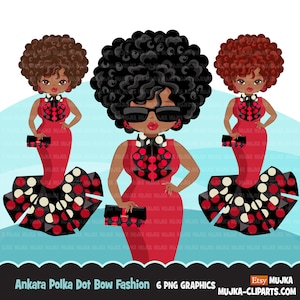 Imágenes prediseñadas de mujer negra PNG, vestido y pajarita con estampado de lunares de Ankara, imágenes prediseñadas de chica afro jefa de gráficos de moda para imprimir y cortar PNG