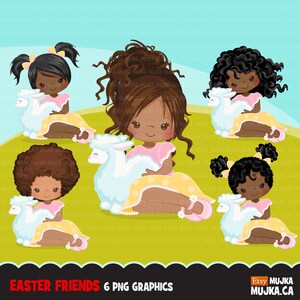 Easter girl with lamb Clipart. Cute spring illustration, Easter animals egg hunt characters, Sublimation Designs, scavenger hunt, afro image 1