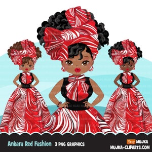 Clipart donna nera PNG, papillon e gonna stampati in bianco e rosso Ankara, logo del negozio di grafica di moda, clip art ragazza afro capo Delta della confraternita PNG