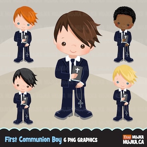 Erste Kommunion Clipart für Jungen Add-On-blauen Anzug. Niedliche Kommunionfiguren, Grafiken, Bibel, Rosenkranz, religiös, schwarze ClipArt