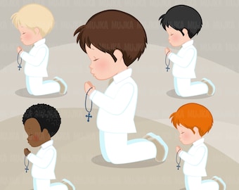 First Communion Clipart for Boys. Characters, graphics, praying boys, holy, Invitations, planner, stickers, religious, illustration, suit