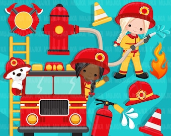Firefighter Clipart, firefighter png, fire truck png, sublimation designs digital download, firefighter girls, black girl graphics
