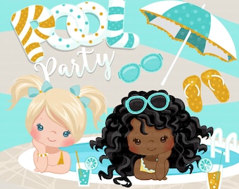Pool Party Clipart for Girls. Little girls with pool party banner, flip flops, fruit drinks, sunglasses, umbrella and pool summer graphics