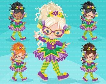 Mardi gras clipart, clipart de carnaval, fête de mascarade, illustration, Nouvelle-Orléans, fleur de Lys, filles, enfants, masques de mascarade, perles