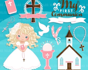 First Communion Clipart for Girls. Cute characters, graphics, bible, church, rosary, banner, holy, religious, cross, invitation stickers