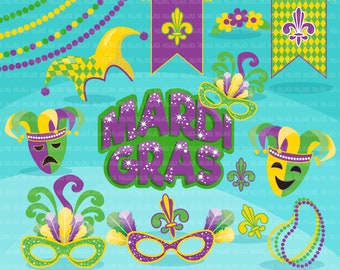 Mardi gras clipart, carnaval clip art, maskerade partij, illustratie, New Orleans, fleur de lis, mode clipart, maskerade maskers, kralen