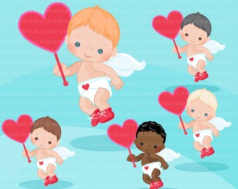 Valentine's Day Cupids clipart with heart. Cute angel boys with love, valentine baby, cookie design, cutting, scrapbook, commercial use art