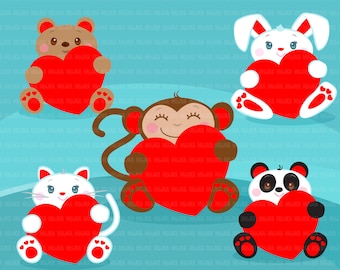 Valentine's Day Kawaii animals clipart. Cute panda, rabbit, cat and monkey holding hearts, cookie design, cutting, Sublimation Designs art