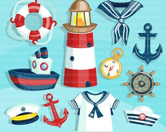 Nautical clipart. Sailor cap, sailboat, captain, compass, anchor, lighthouse, lifesaver graphics. Sublimation Designs sailing clip art