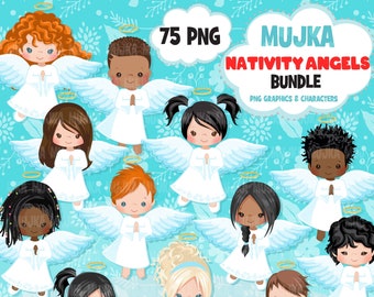 May include: A digital graphic bundle featuring multiple cartoon angels with various skin tones and hairstyles. The angels are dressed in white robes, have feathered wings, and halos. The text "MUJKA NATIVITY ANGELS BUNDLE" is displayed on a blue background with floral patterns.