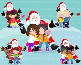 Santa selfie Clipart, Christmas selfie graphics, kids, Santa with cellphone, Noel graphics, Holiday characters, png sublimation clip art